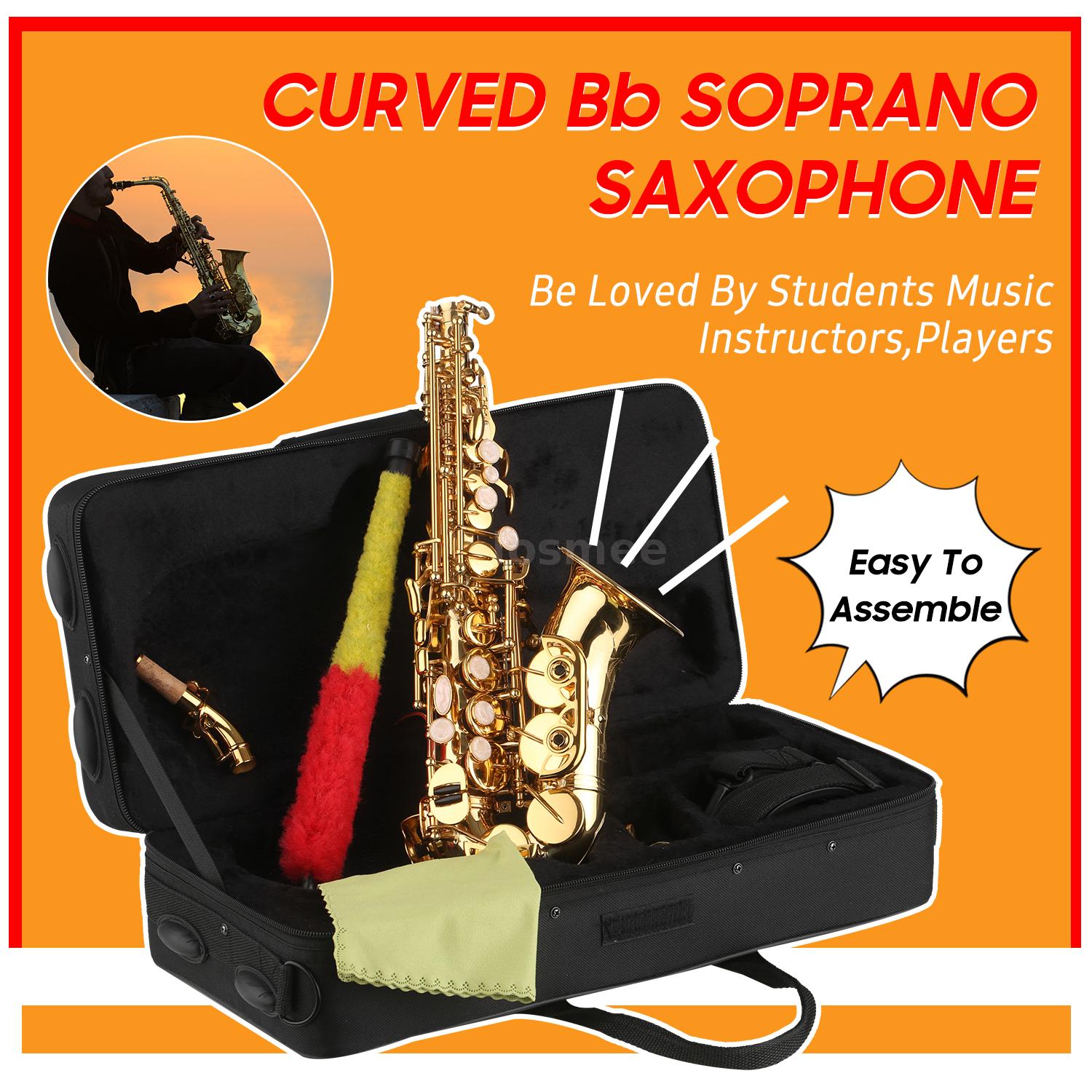 Curved Soprano Saxophone Brass Gold Lacquered Bb Sax Woodwind Instrument  E6K9